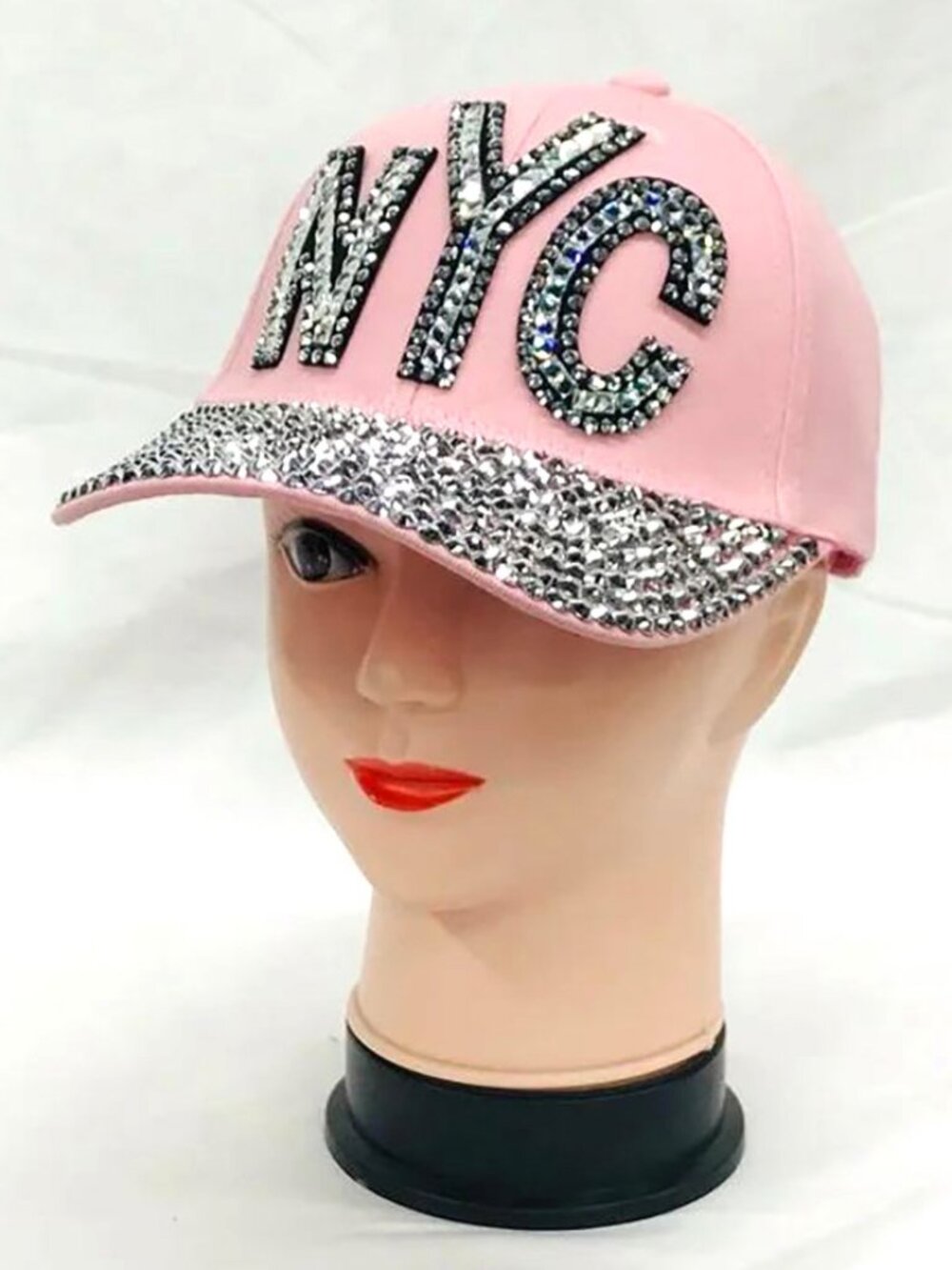 Women Fashion NYC Rhinestones Bling Bling Studs Cotton Baseball Cap - Pink